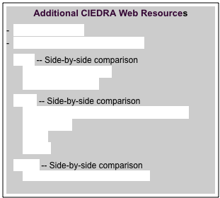 Additional CIEDRA Web Resources

-  CIEDRA Overview

-  CIEDRA Side-by-side Comparison

   Title I -- Side-by-side comparison
       Public Land Giveaways
       Outfitter and Guides

   Title II -- Side-by-side comparison
       Roadless Areas Not Designated Wilderness             
       Water Rights
       Mining
       Wildlife

   Title III -- Side-by-side comparison
       ORV use - prohibiting trail closure



